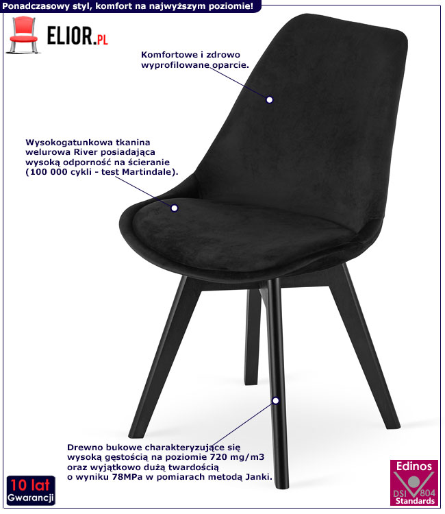 Czarne designerskie krzesło welurowe do salonu Neflax 5S