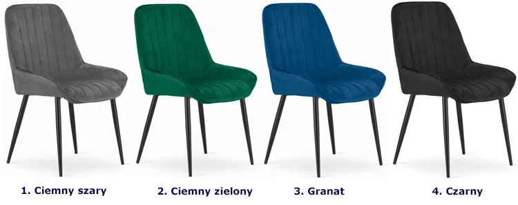 Dostępne warianty kompletu 4 sztuk krzeseł welurowych Melva