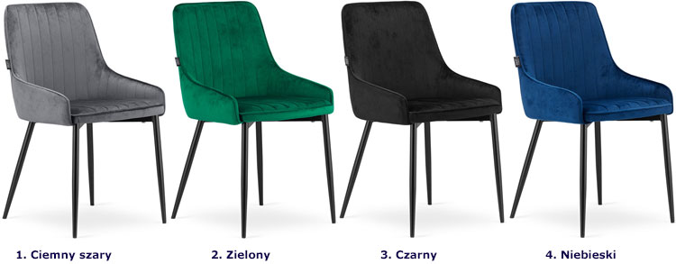 Dostępne kolory zestawu 4 szt tapicerowanych krzeseł do salonu Cinar