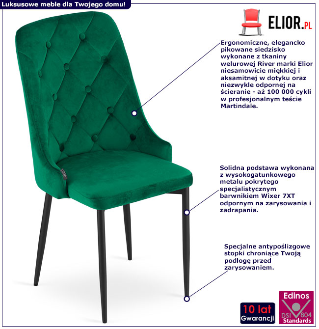 Infografika kompletu pikowanych krzeseł do jadalni w kolorze zielonym Hamza