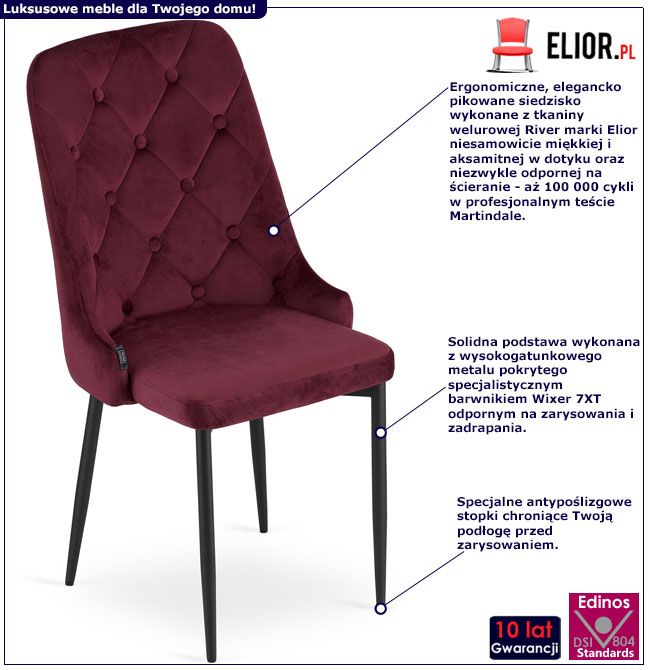 Infografika kompletu 4 szt tapicerowanych krzeseł kolor bordowy Hamza