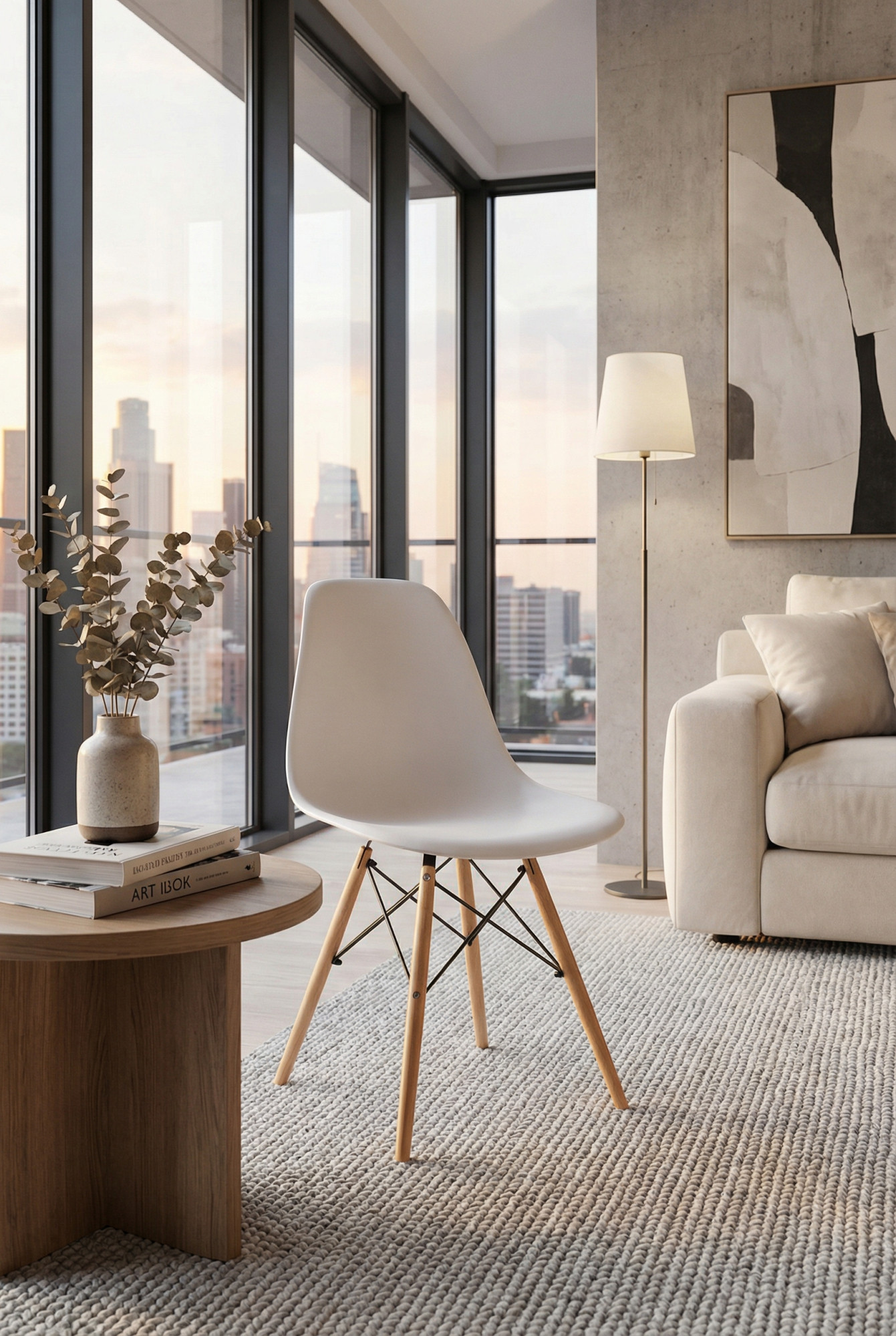 Wnętrze z wykorzystaniem białego krzesłą z kompletu Sopi 4S