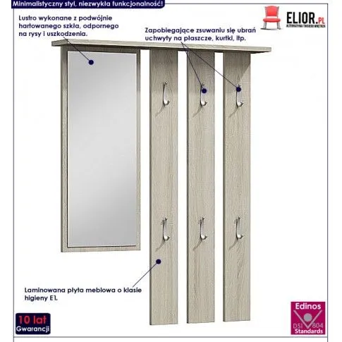 Fotografia Wieszak ścienny z lustrem Muvo - dąb sonoma z kategorii Meble na ubrania