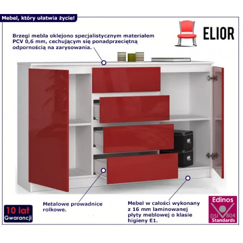 Długa komoda Gambi 4X biały czerwony