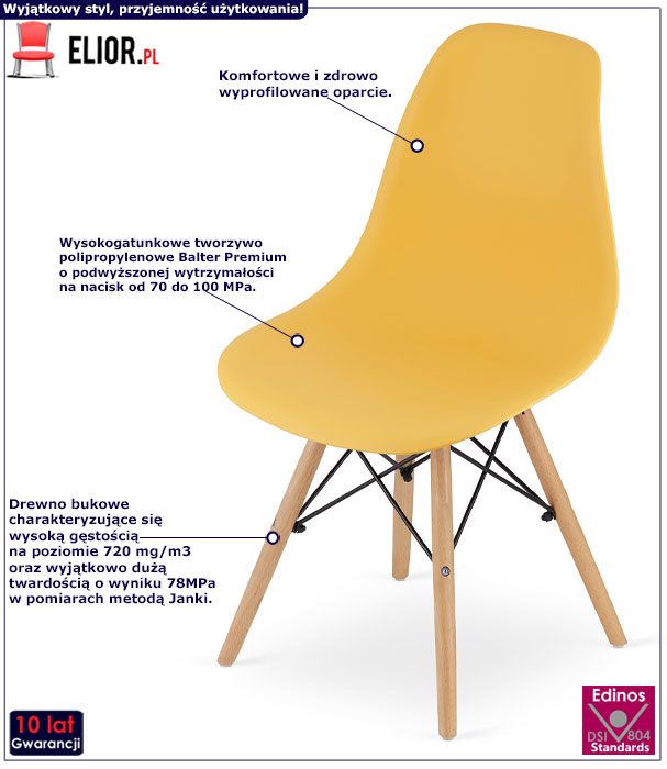 Musztardowe minimalistyczne krzesło do jadalni Naxin 4S