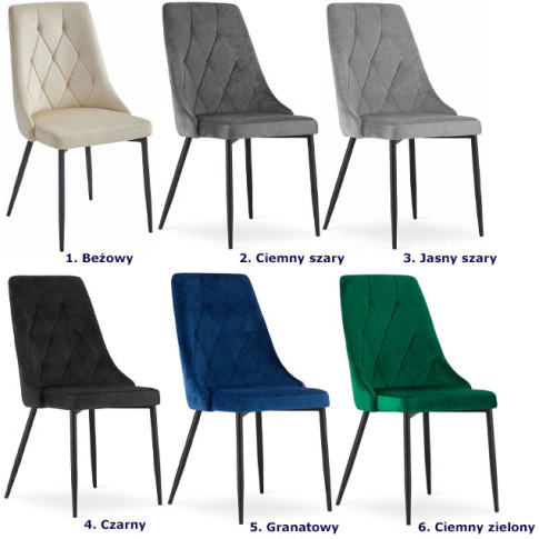 Kolory kompletu welurowych metalowych krzeseł Imre