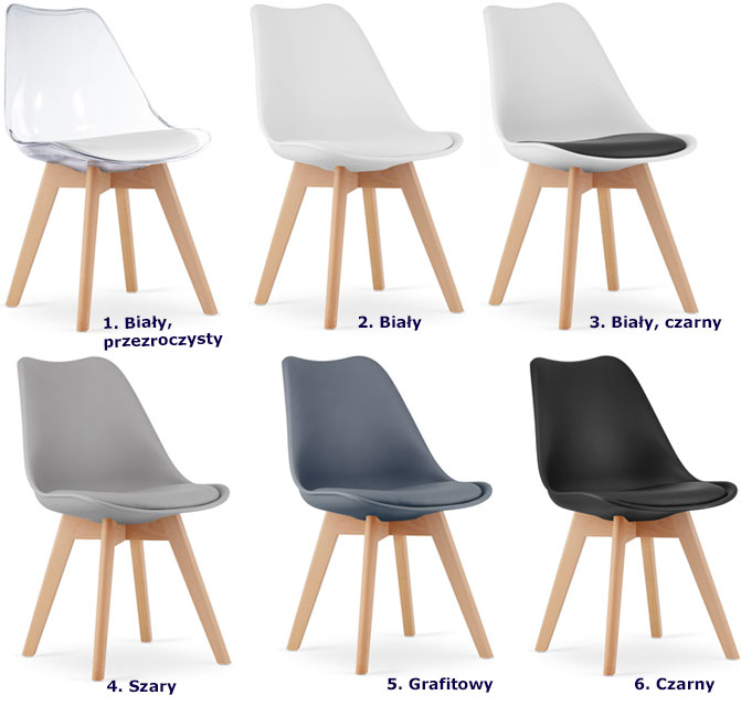 Kolory zestawu 4 sztuk skandynawskich krzeseł z poduszką z ekoskóry Asaba 3S