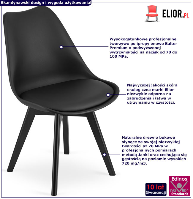 Infografika zestawu 4 szt nowoczesnych czarnych krzeseł z poduszką Asaba 4S