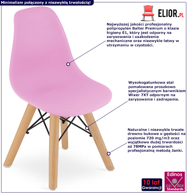 Infografika zestawu 4 różowych skandynawskich krzeseł do pokoju dziecięcego Suzi