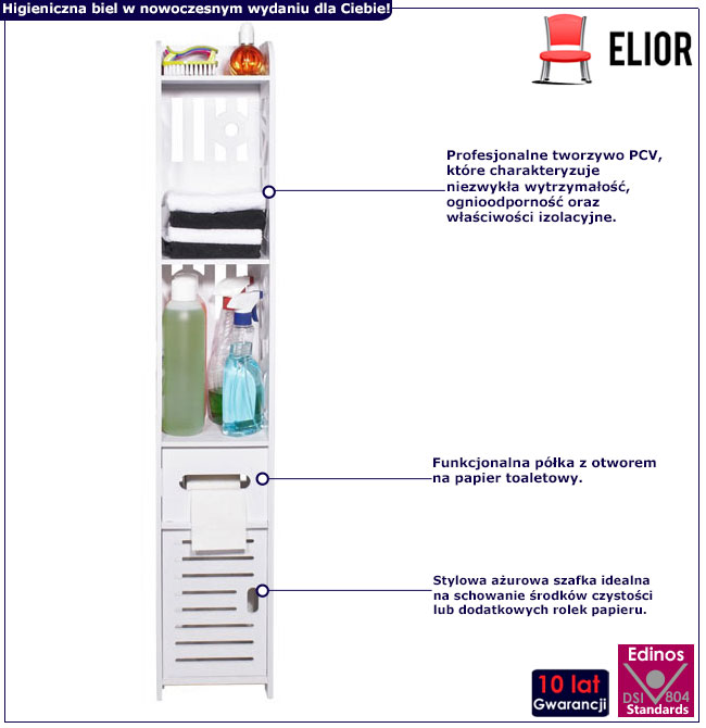 Infografika białego wąskiego regału łazienkowego z 5 półkami Ractis 4X