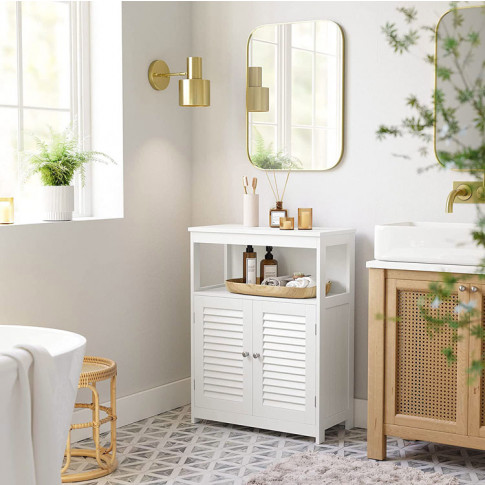 nowoczesna łazienka z zastosowaniem białej szafki łazienkowej rusti 4x