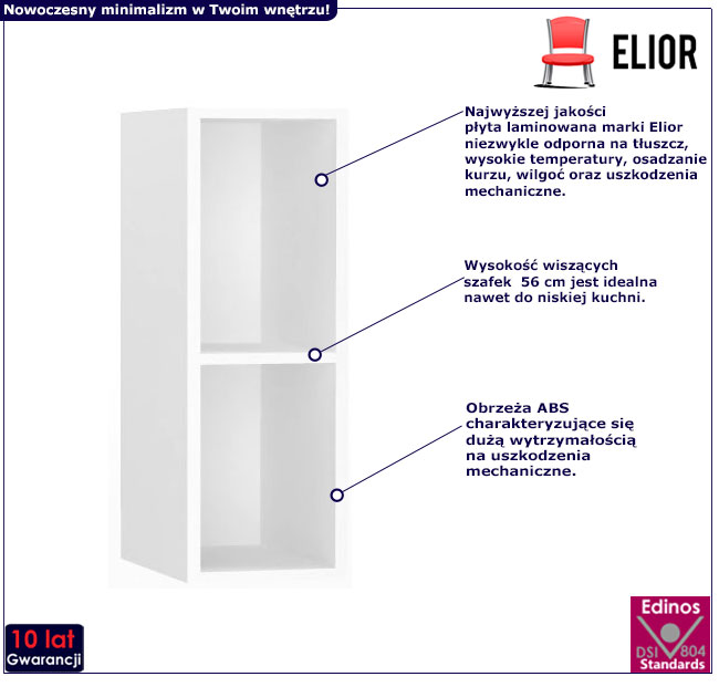 Infografika białej wąskiej szafki kuchennej otwartej z 2 półkami Erissa 9x
