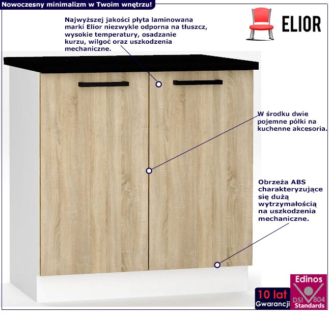 Infografika dolnej szafki kuchennej o szerokości 80 cm z podwójnym frontem Erissa 16x