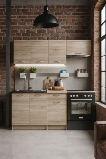 Kuchnia z wykorzystaniem szafek kuchennych kompletu Sevito