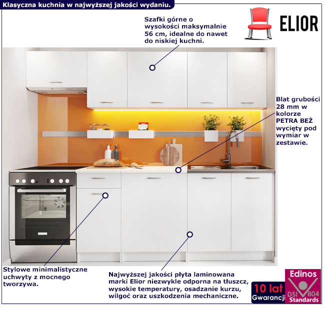 Infografika kompletu 7 białych szafek kuchennych nowoczesnych Nigella 4S