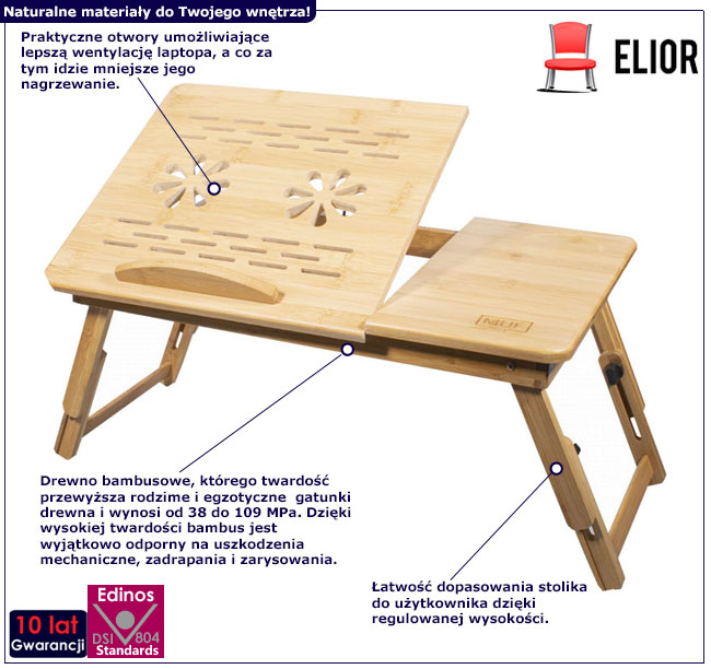 Infografika składanego bambusowego stolika pod laptop Limora 3X