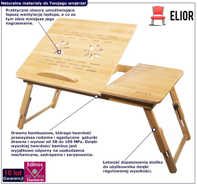 Infografika składanego bambusowego stolika pod laptop Modero 4X