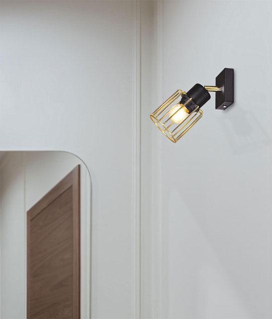 Czarno-złoty kinkiet ścienny z drucianym kloszem S578-Syntio