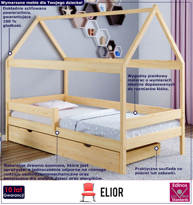 Infografika łóżka dziecięcego typu domek w kolorze naturalnym Petit 4X