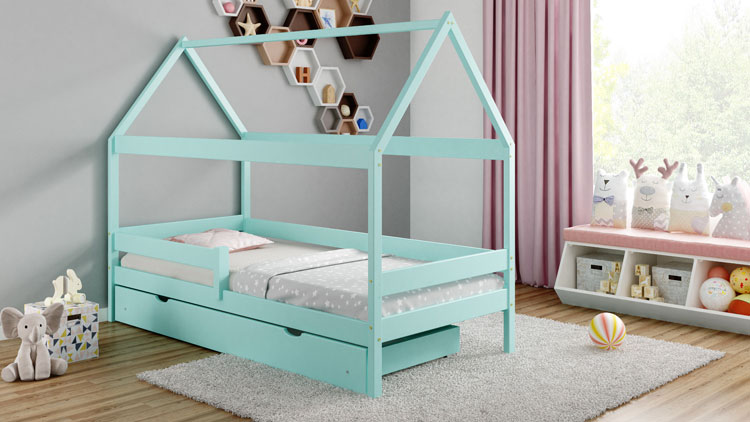Wizualizacja łóżka dziecięcego drewnianego z szufladą  w kolorze turkus Petit 4X