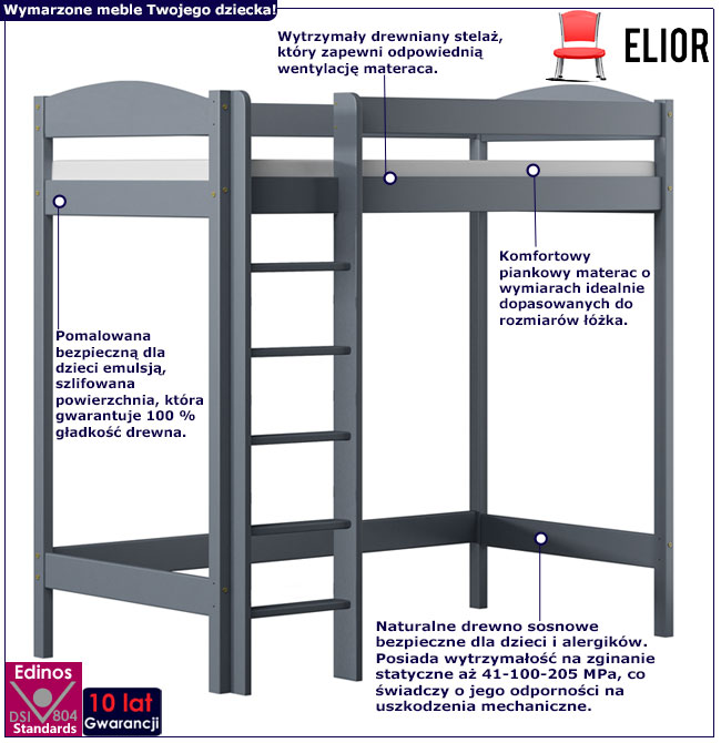 Infografika szarego łóżka dziecięcego na antresoli Igi 4X