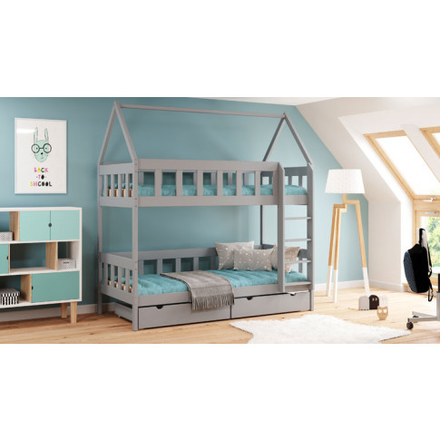 sypialna dziecięca z zastosowaniem łóżka drewnianego szarego piętrowego gigi 3x