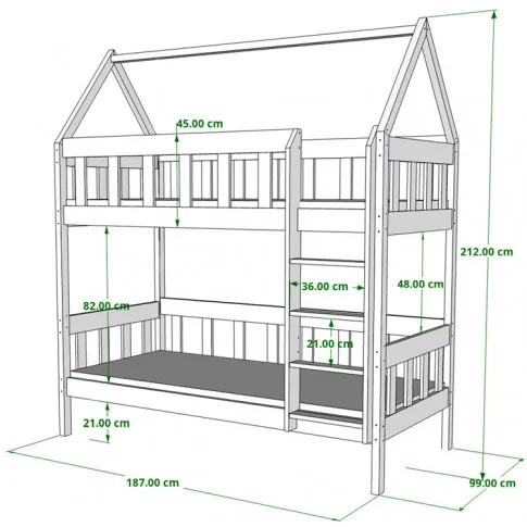 łóżko piętrowe drewniane domek gigi 3x wymiary 180x90