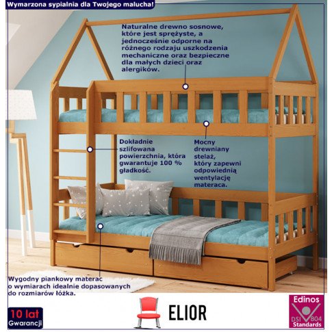 Infografika łóżka piętrowego w kształcie domku kolor olcha gigi 4x