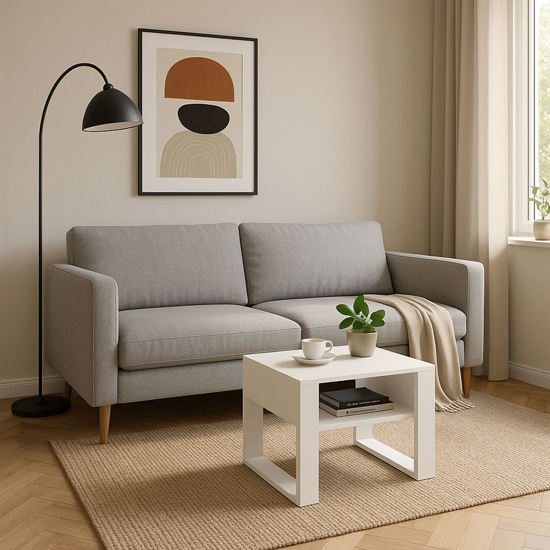 Biała minimalistyczna ława do salonu z półką Neros