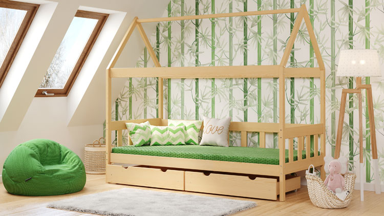 Pokój dziecięcy z zastosowaniem drewnianego łóżka domek Dada 3X