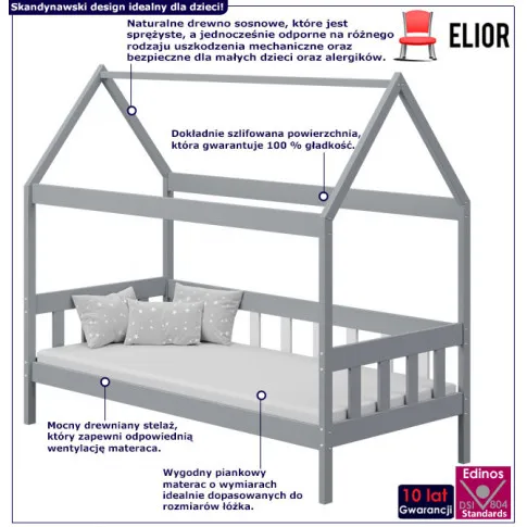 Infografika dziecięcego szarego łóżka domek z materacem dada 3x