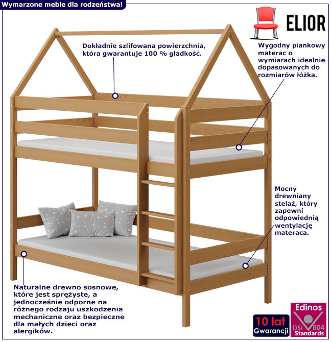Infografika drewnianego piętrowego łóżka domek olcha Zuzu 3X