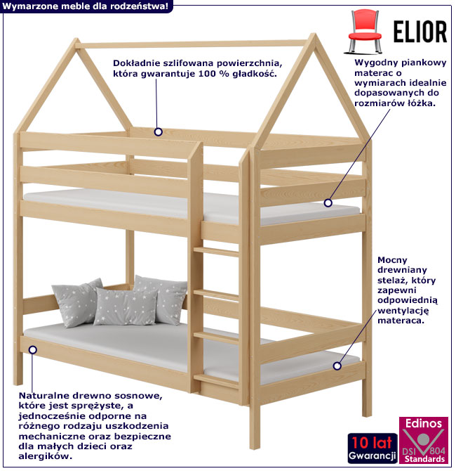 Infografika sosnowego piętrowego łóżka domek Zuzu 3X