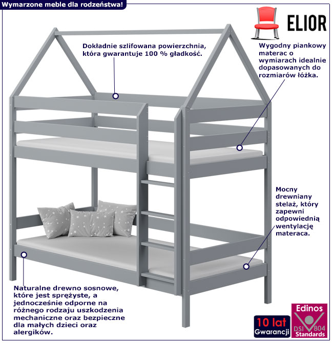Infografika szarego piętrowego łóżka domek Zuzu 3X