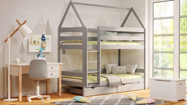 Dziecięca sypialnia z zastosowaniem łóżka piętrowego Zuzu 3X w kolorze szarym