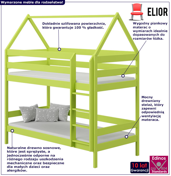 Infografika zielonego piętrowego łóżka domek Zuzu 3X