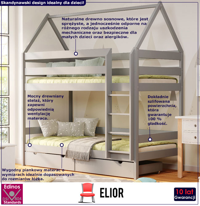 Infografika szarego piętrowego łóżka domek dla dzieci Zuzu 4X