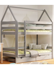 Szare piętrowe łóżko drewniane domek dla rodzeństwa z szufladami - Zuzu 4X 180x90 cm w sklepie Edinos.pl