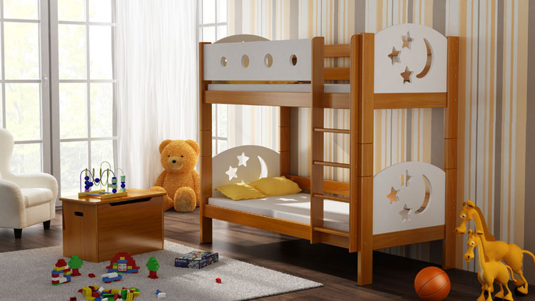 Dziecięca sypialnia z zastosowaniem łóżka piętrowego Mimi 3X w kolorze olcha