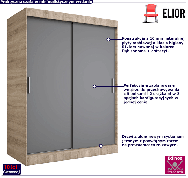 Szafa przesuwna 150 cm dąb sonoma + antracyt Santino 4X