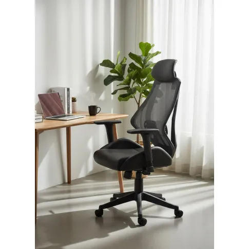 Fotografia Ergonomiczny czarny fotel obrotowy z regulacją oparcia i zagłówkiem- Simona z kategorii Pracownia i biuro