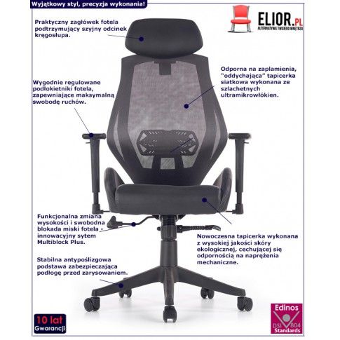 Fotografia Ergonomiczny czarny fotel obrotowy z regulacją oparcia - Almon z kategorii Fotele biurowe