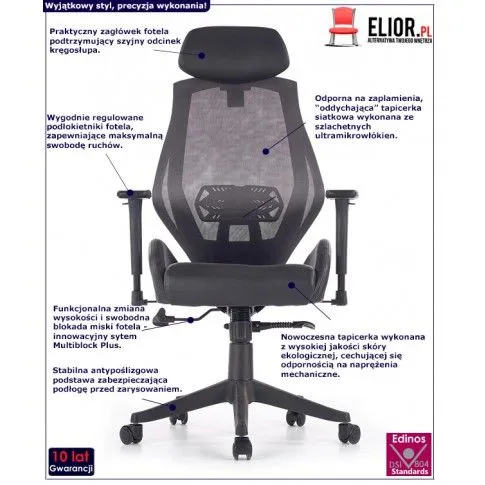 Fotografia Ergonomiczny czarny fotel obrotowy z regulacją oparcia i zagłówkiem- Simona z kategorii Pracownia i biuro
