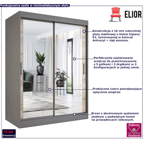 Przesuwna szafa z lustrem antracyt dąb sonoma 150 Edna 4X