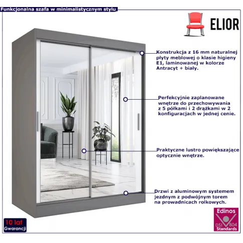 Przesuwna szafa z lustrem antracyt biel 150 Edna 4X