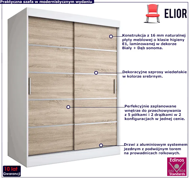Szafa przesuwna 150 cm w kolorze biały + dąb sonoma Livia 4X