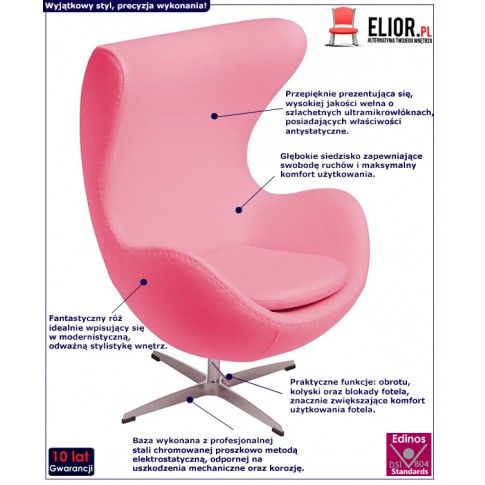 Fotografia Obrotowy fotel wypoczynkowy uszak Eggi - różowy z kategorii Fotele do salonu