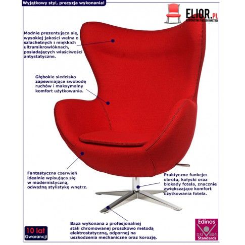 Fotografia Obrotowy fotel wypoczynkowy uszak Eggi - czerwony z kategorii Fotele do salonu