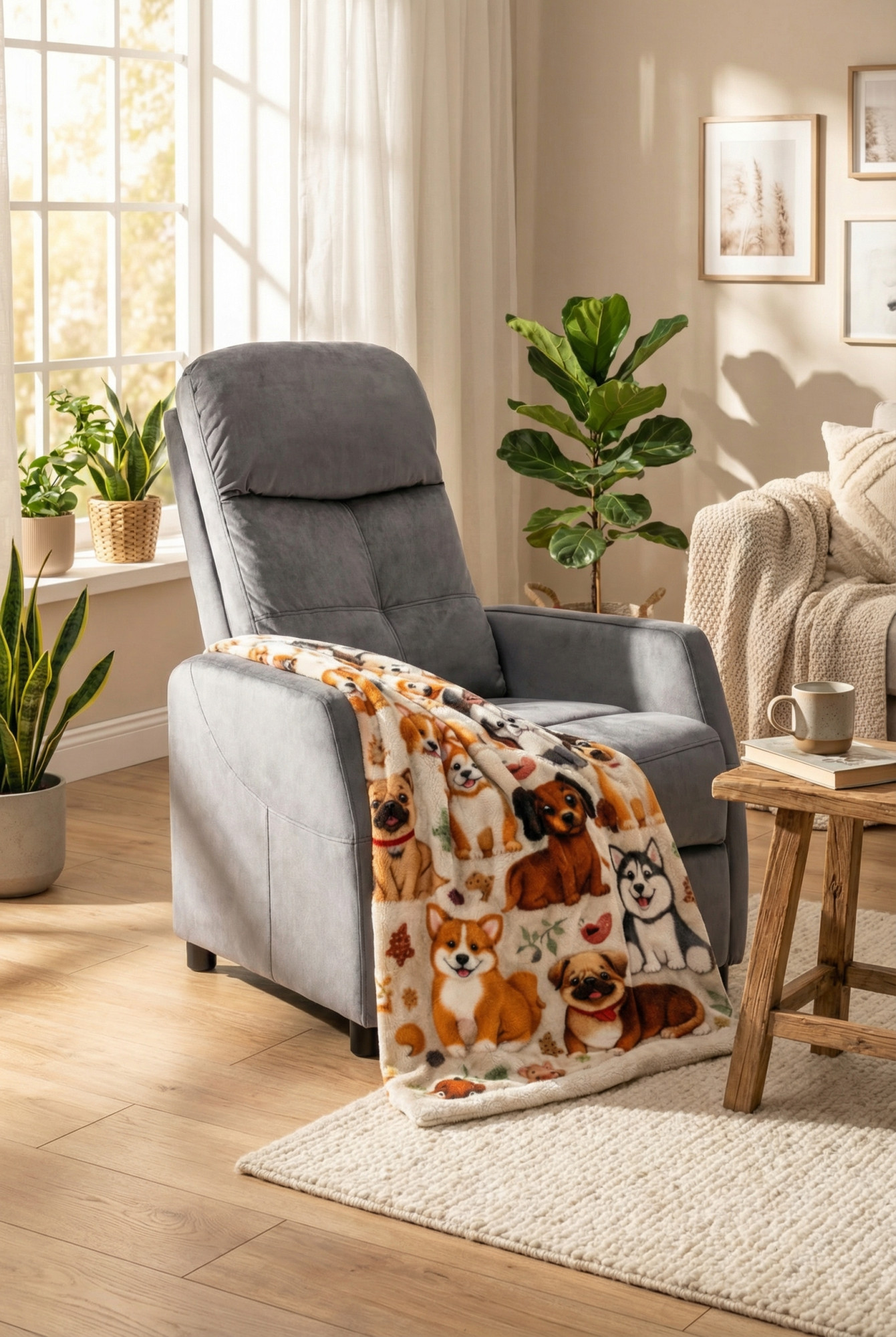 Aranżacja wnętrza z szarym fotelem rozkładanym Erto 3X