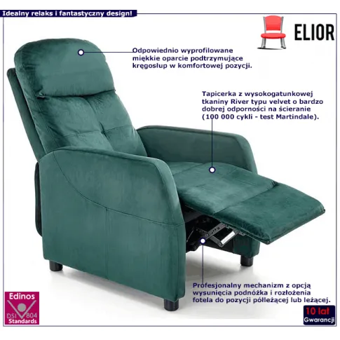 Zielony welurowy rozkładany fotel wypoczynkowy Amigos 3X